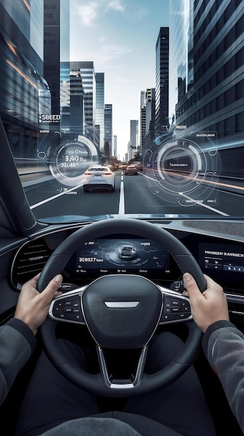 Futuristic Autonomous Self Driving Car Moving Through City Head up Display Showing Infographics S