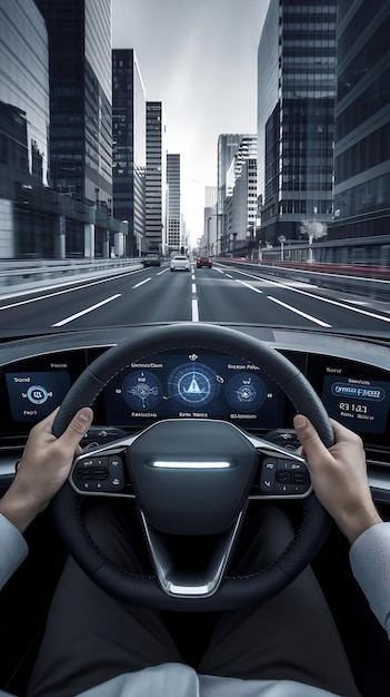 Futuristic Autonomous Self Driving Car Moving Through City Head up Display Showing Infographics S