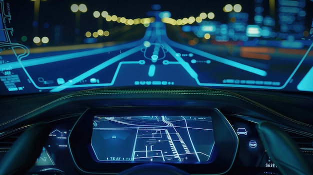 Futuristic autonomous self driving car showing navigation system on the road