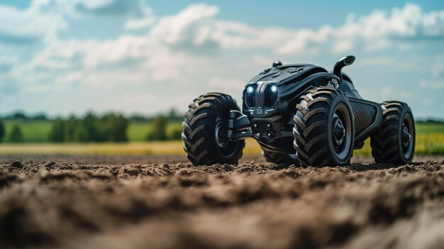 Futuristic autonomous tractor on plowed field