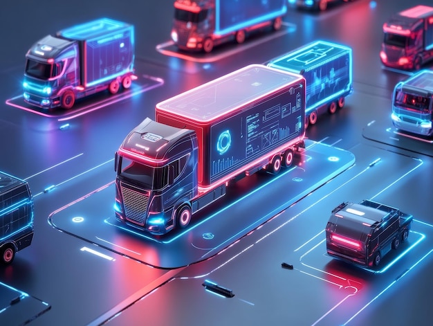 Photo futuristic autonomous trucking hub with transparent selfdriving vehicles and glowing logistics interfaces for automated freight transport