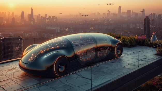 Futuristic Autonomous Vehicle Overlooking a Modern City Skyline at Sunset Generative AI