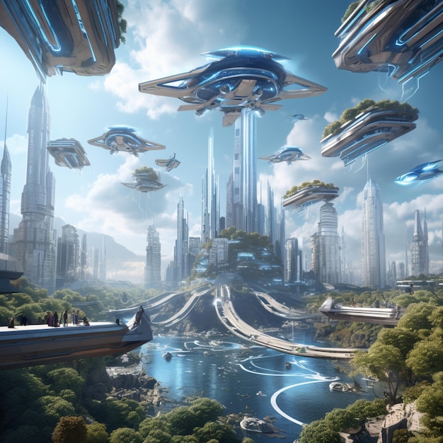 A futuristic backdrop with holographic skyscrapers and flying vehicles in every direction image two