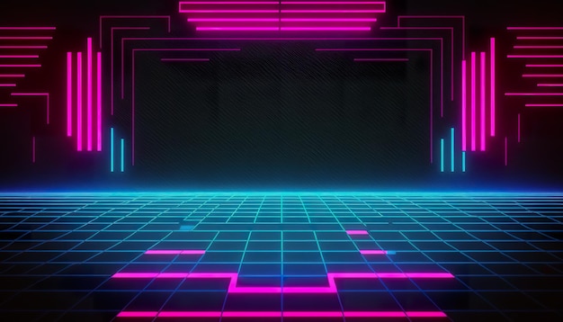 Futuristic background 80s retro style Dark neon city Creative illustration Ai Generate