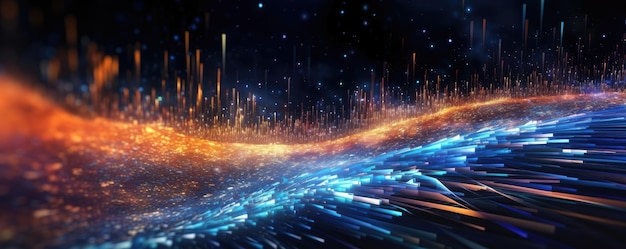 Futuristic background with digital particles and light trails panorama