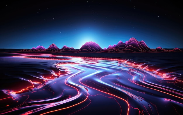 Futuristic background with glowing lines and mountains