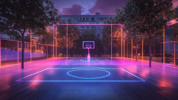 Futuristic Basketball Court with Dynamic Holographic Designs and Illuminated Hoops