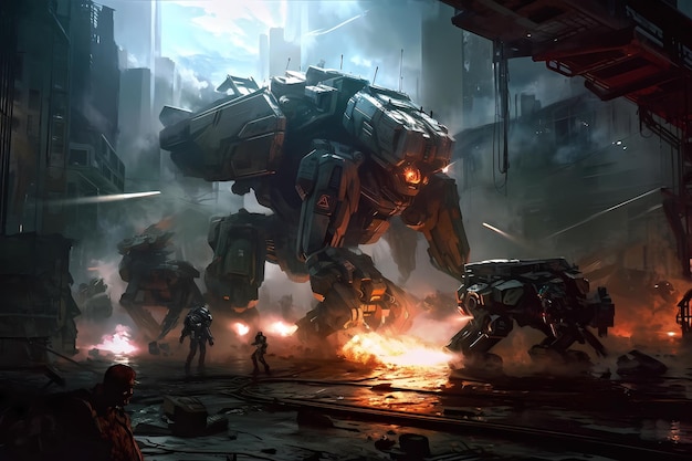 Futuristic battle with robots fighting each other digital art illustration