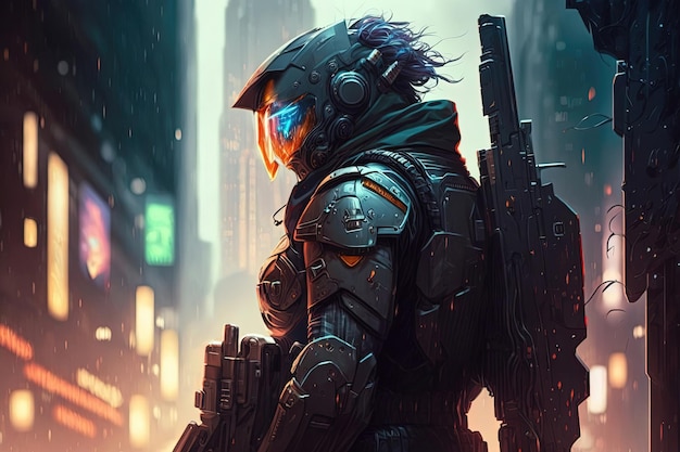 Futuristic battlefield with a towering robotsoldier in the center The robot is heavily armored with powerful weapons and appears to be scanning the area for potential targets Generative AI