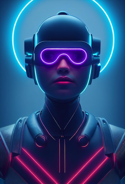 futuristic beautiful cyborg with a VR helmet and glossy metallic body into the virtual reality