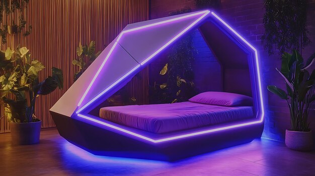 Photo futuristic bed with led lights and plant decor