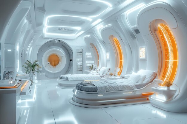 Futuristic Bedroom Interior with White Beds and Orange Accent Lights