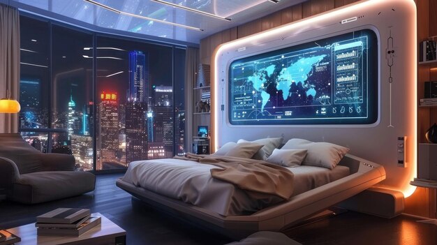 Photo futuristic bedroom with city view