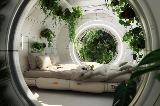 Futuristic bedroom with a large round window offering a view of a lush green space garden