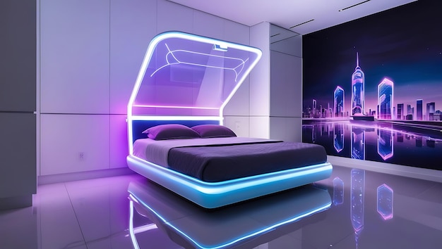 Photo futuristic bedroom with sleek hightech furniture ambient led lighting and minimalist design a visionary space for modern living and relaxation