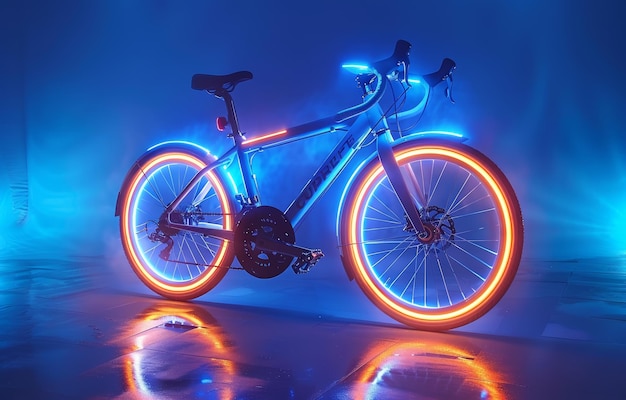 Photo futuristic bicycle with neon lights in a dark studio setting