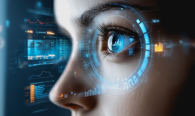 Photo futuristic biometric eye with holographic hud data overlays and digital tracking elements