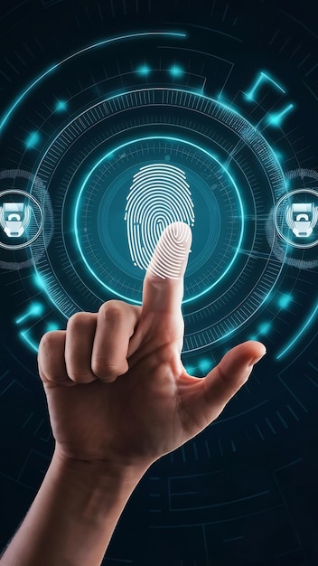 Futuristic biometric identification fingerprint scanner with pointing finger concept of surveillanc