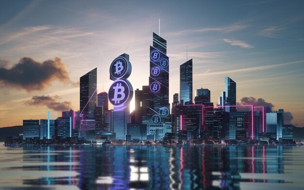 Photo futuristic bitcoin cityscape with skyscrapers shaped as bitcoin symbols