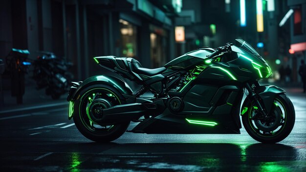 A futuristic black and green motorcycle with glowing green lights is parked in a dark city street