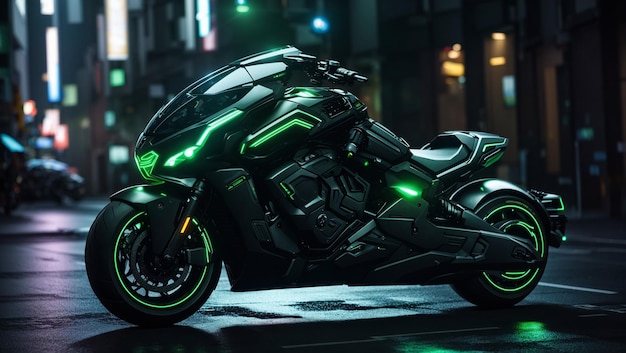 A futuristic black and green motorcycle with glowing green lights is parked in a dark city street