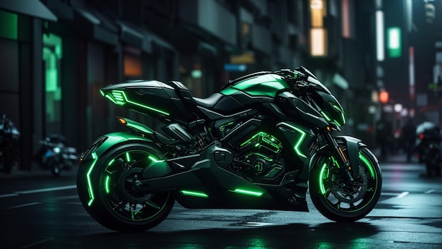 A futuristic black and green motorcycle with glowing green lights is parked in a dark city street