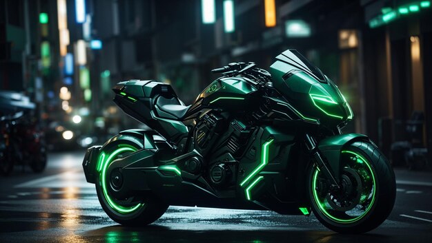 A futuristic black and green motorcycle with glowing green lights is parked in a dark city street