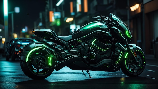 A futuristic black and green motorcycle with glowing green lights is parked in a dark city street