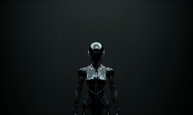 Futuristic black power suit with helmet for woman minimalist design dark background