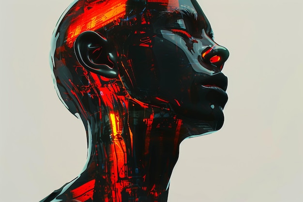 Futuristic Black and Red Robotic Head with HighTech Design and Neon Lighting in Digital Art