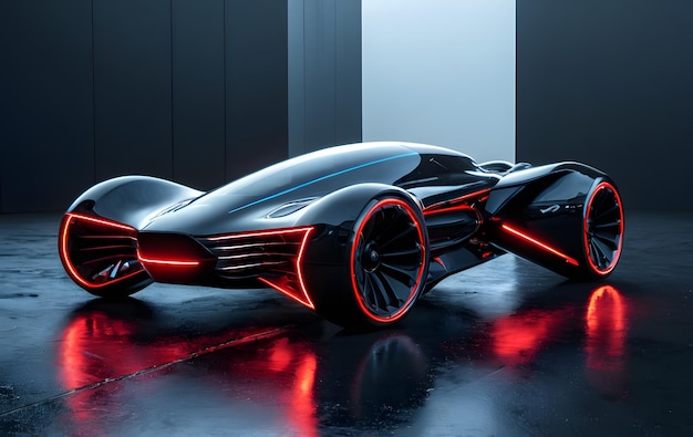 Futuristic Black Sports Car with Red and Blue Lights