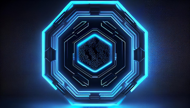 Futuristic blue glowing neon octagon tunnel portal Sci fi futuristic concepr Generative AI