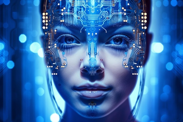 Futuristic Blue Portrait of Young Adult with Technological Elements AI people communication technologies