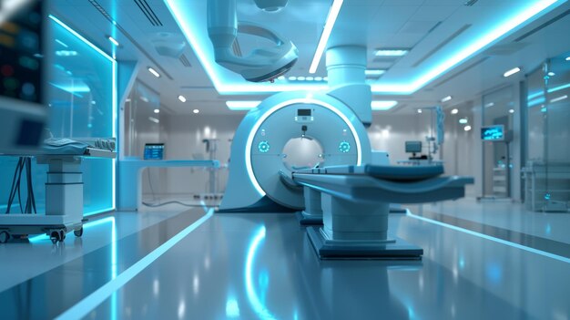 A futuristic bluelit radiology room with advanced MRI machines and clean sterile surroundings epitomizing cuttingedge technology in healthcare