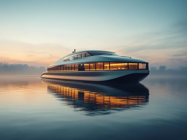 Photo a futuristic boat with large windows is floating on a still lake with a foggy background and a soft sunset