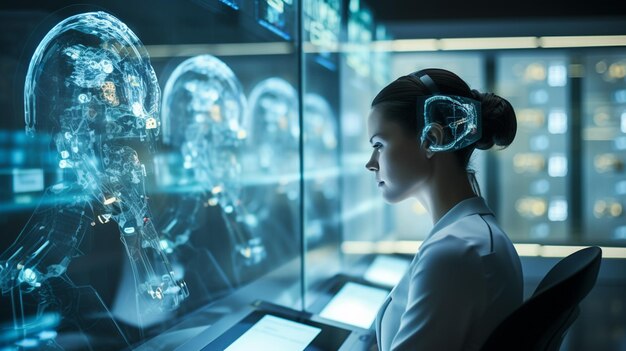 A futuristic brain computer interface room where individuals sit immersed in thought their minds