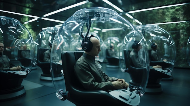 A futuristic brain computer interface room where individuals sit immersed in thought their minds