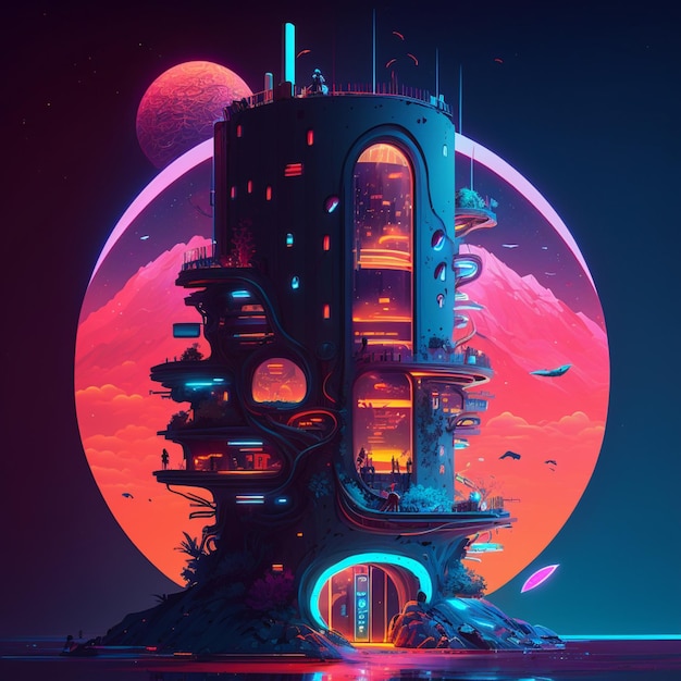 Futuristic building vivid color generative ai