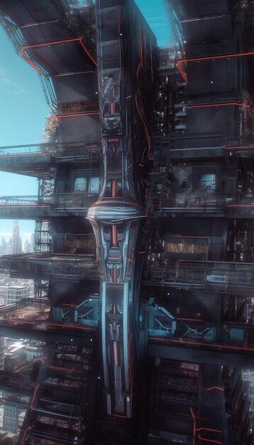 A futuristic building with a large tower and a city in the background.