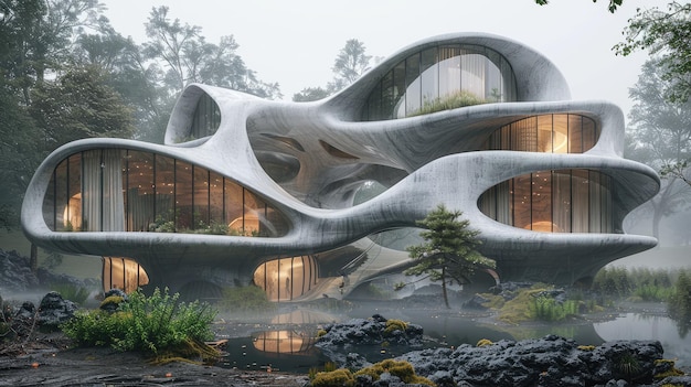 Futuristic building with organic flowing shapes