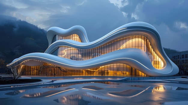 Futuristic building with organic flowing shapes