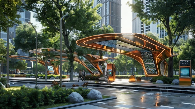 Photo a futuristic bus stop with a large curved canopy and digital displays stands in a modern urban