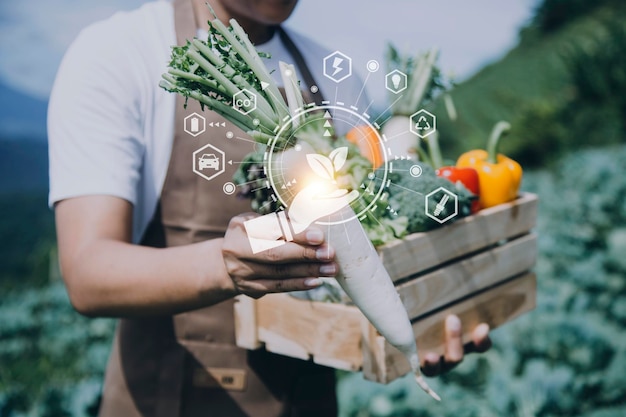 Futuristic businessman farms vegetables and crops using modern AI technology using mobile phones temperature and humidity sensors water tracking climate control holographic data data icons