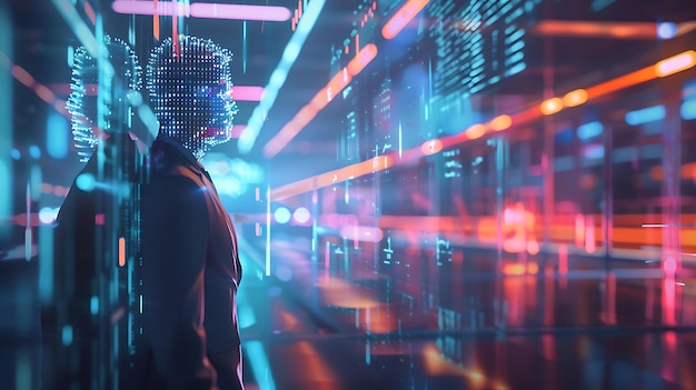 Futuristic Businessman with Digital Head in Neon Cityscape