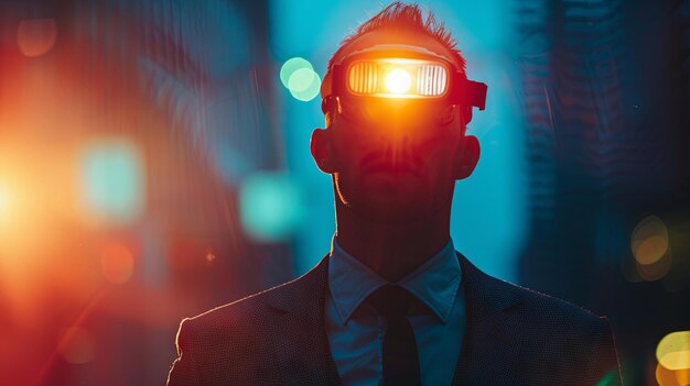 Futuristic businessman with illuminated visor in city at night