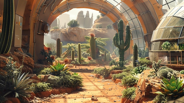 Futuristic Cactus Garden on Mars A science fiction scene depicting a futuristic greenhouse on Mars