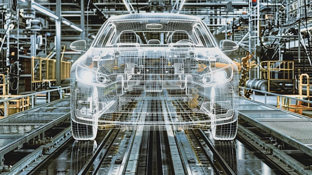 Futuristic car assembly line with holographic projections and robotics