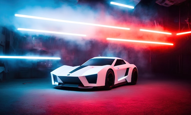 Futuristic car on the atmospheric neon background