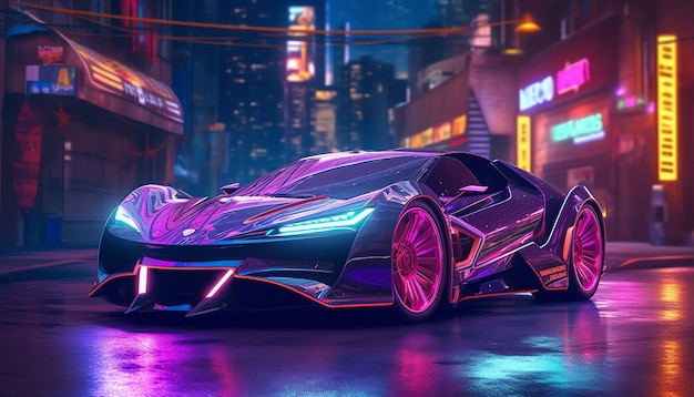 A futuristic car in a city with neon lights