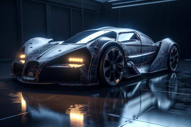 A futuristic car in a dark room with the lights on.